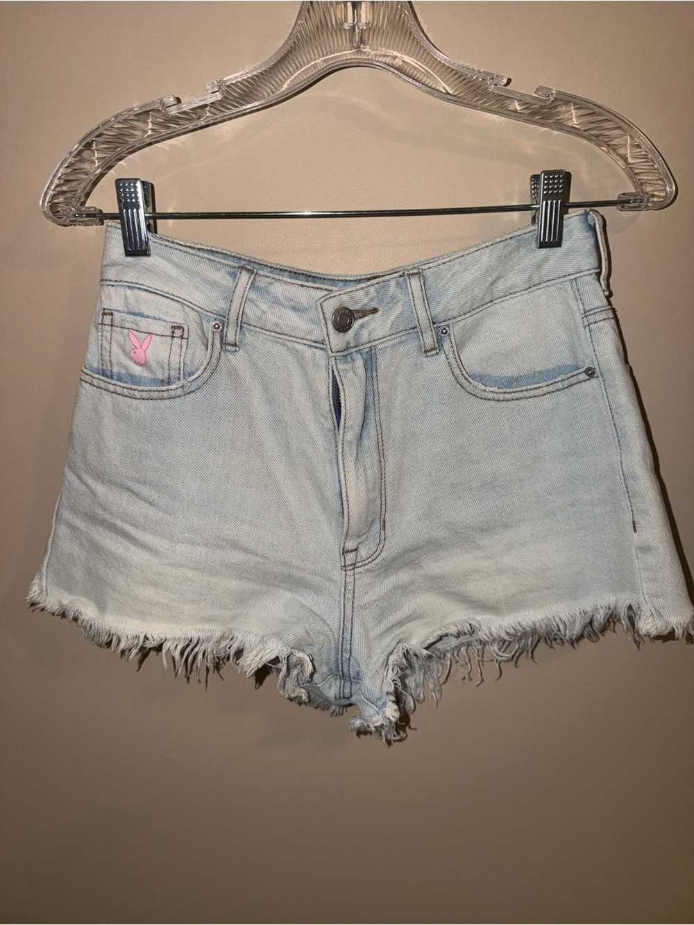 PLAYBOY Light Wash Denim Shorts with Pink Bunny Logo